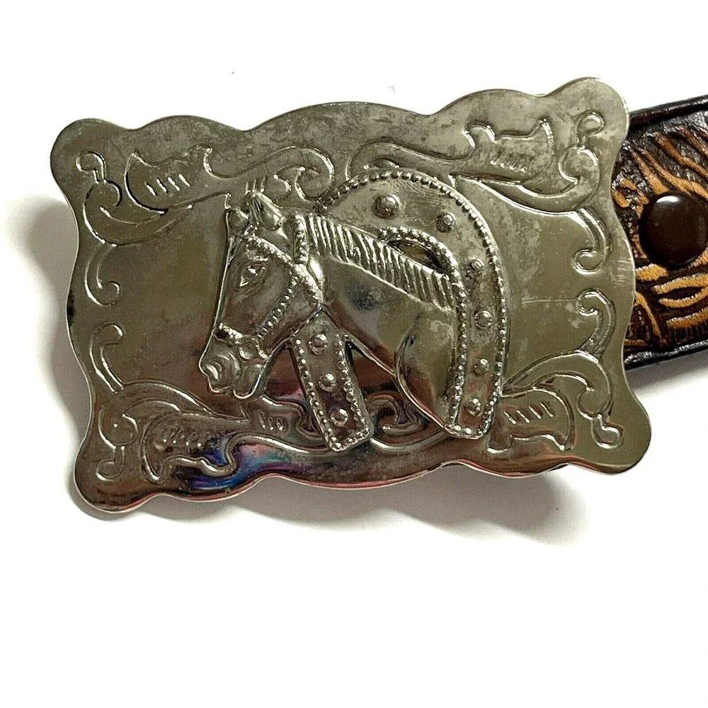 Double S Belt Collection Leather Design Roping Cowboys Silver Horse Buckle Sz 24